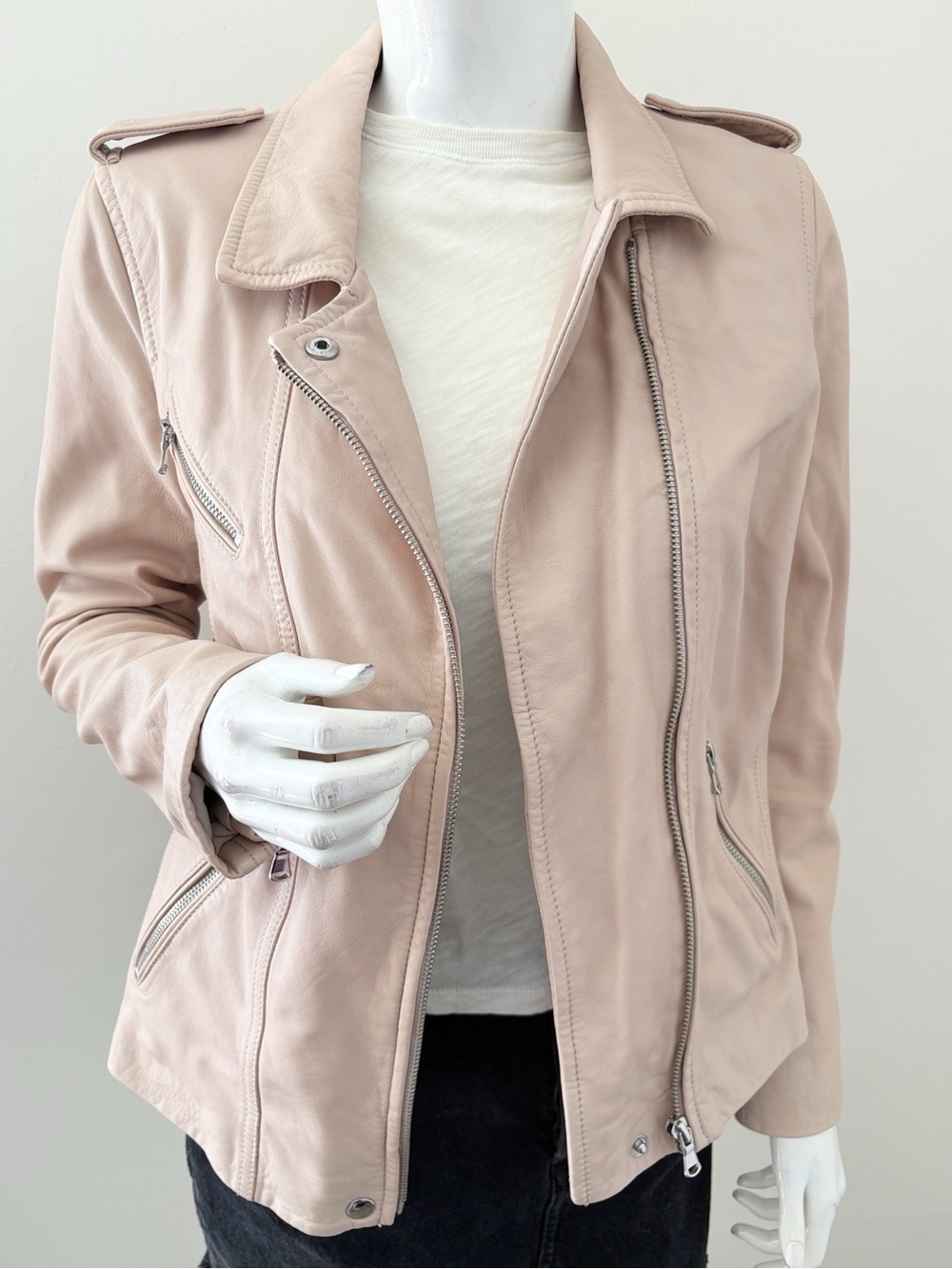 Rebecca Taylor Garment Washed Genuine Lamb Leather Moto Jacket Light Blush Pink